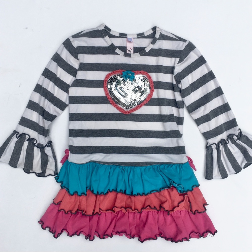 Whimsical Striped Top with Sequin Heart, Ruffled Hem Girls Sz 4T, Love You Lots